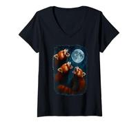 Womens 3 Three Red Pandas Howling At The Moon V-Neck T-Shirt