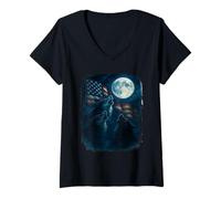 Womens 3 Wolf Howling At The Moon US Flag Wildlife Wolves Lovers V-Neck T-Shirt