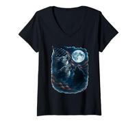 Womens 3 Wolf Howling At The Moon US Flag Wildlife Wolves Lovers V-Neck T-Shirt