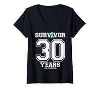 Womens 30 Years Ovarian Cancer Survivor Teal Ribbon Gift for Women V-Neck T-Shirt