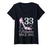 Womens 33 And Fabulous Since 1991 Happy 33rd Birthday Girl Lady V-Neck T-Shirt