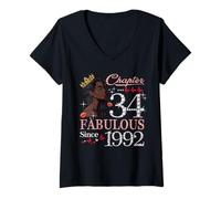 Womens 34th Birthday Black Queen Chapter 34 Fabulous Since 1992 V-Neck T-Shirt