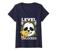 Women's 35th Birthday Panda Bear Level 35 Unlocked Funny Gaming V-Neck T-Shirt, Navy Blue, Large