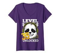 Women's 35th Birthday Panda Bear Level 35 Unlocked Funny Gaming V-Neck T-Shirt, Purple, Large