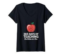 Women's 365 Days of Teaching One Button At A Time Teacher V-Neck T-Shirt