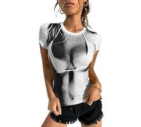 Women's 3D Body Print Crop Top - Sexy Heat Map Y2k Graphic Tee Aesthetic T-Shirt Crew Neck Festival Concert outfit, Short White, XS