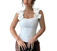 Women's 3D Floral Beaded Sleeveless Slim Ribbed Knit Cami Shirt Summer Elegant Casual Tank Top Vacation Club Party S-2XL (White,M)