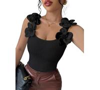 Women's 3D Floral Beaded Sleeveless Slim Ribbed Knit Cami Shirt Summer Elegant Casual Tank Top Vacation Club Party S-2XL (Black,M)