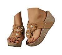 Women's 3D Floral Wedge Flip Flops Size 4.5 Brown Comfortable Orthopedic Arch Support Slip-On Platform Thong Beach Boho Toe Post Walking Sandals for Daily Vacations Sandle