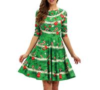Women's 3D Print Short Sleeve Casual Flared Swing Midi Dress, Ugly Christmas Tree 011, M