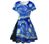 Women's 3D Print Short Sleeve Casual Flared Swing Midi Dress, Van Gogh 012, M