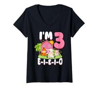 Womens 3rd Birthday Farm Animals I Am Three I E I O 3 Years V-Neck T-Shirt