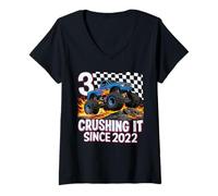 Womens 3rd Birthday Monster Truck 3 Year Old Boys Party Born 2022 V-Neck T-Shirt