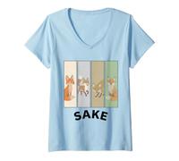 Women's 4 Fox Sake Four Foxes Funny Cute Fox Poses Panel Sake V-Neck T-Shirt