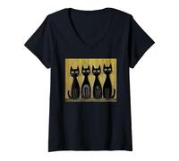 Womens 4 Retro Inspired Black Cats Against a Cool Wavy Pattern V-Neck T-Shirt