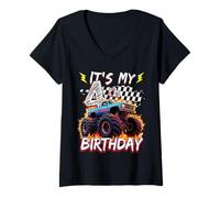 Womens 4 Year Old Boys Monster Truck It's My 4th Birthday Party V-Neck T-Shirt