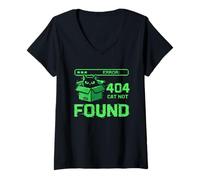Women's 404 Cat Not Found Pixel Art Glitch Error Funny Feline V-Neck T-Shirt