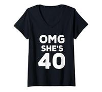 Womens 40th Birthday Shirt for Husband, Sister, Friend OMG She's 40 V-Neck T-Shirt