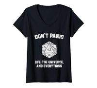 Womens 42 Answer to Life The Universe and Everything Don't Panic V-Neck T-Shirt