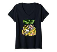 Women's 420 Cannabis Weed Munchie Menace Raccoon Retro Stoner V-Neck T-Shirt