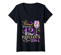 Women's 42nd Birthday Queen Blessed by God 42 Fabulous Since 1984 V-Neck T-Shirt
