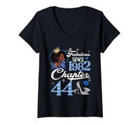 Womens 44th Birthday Black Queen Chapter 44 Fabulous Since 1982 V-Neck T-Shirt