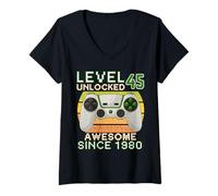 Womens 45 Year Old Level 45th Unlocked Birthday Gamer Since 1980 V-Neck T-Shirt