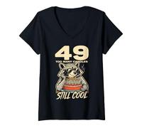 Women's 49 Too Many Candles Still Cool Funny 49th Birthday Raccoon V-Neck T-Shirt