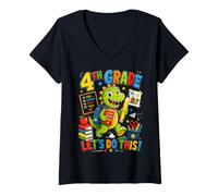 Women's 4th Grade Back to School Dinosaur V-Neck T-Shirt