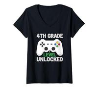 Womens 4th Grade Level Unlocked Gamer Kids V-Neck T-Shirt