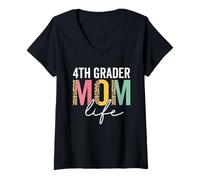 Womens 4th Grader Mom Life Cheetah Funny Leopard 4th Grader Mama V-Neck T-Shirt