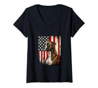 Women's 4th July USA American Flag Boxer Dog Lovers V-Neck T-Shirt