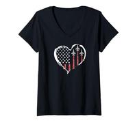 Womens 4th of July American Patriotic Fighter Jets USA Flag Heart V-Neck T-Shirt