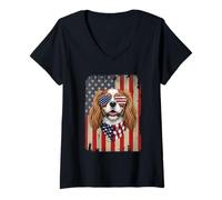 Women's 4th of July Cavalier King Charles Spaniel Dog American Flag V-Neck T-Shirt