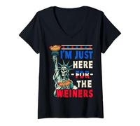 Womens 4th Of July Skeleton I'm Just Here For The Wieners Hot Dog V-Neck T-Shirt