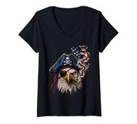 Women's 4th of July Smoking Pirate Eagle USA Flag V-Neck T-Shirt