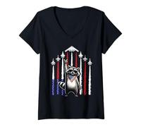 Womens 4th of July USA Flag Fighter Jets Raccoon Funny Patriotic V-Neck T-Shirt