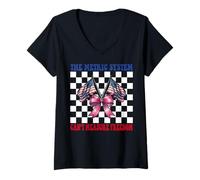 Womens 4th of July USA Flag The Metric System Can't Measure Freedom V-Neck T-Shirt