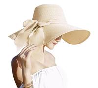 Womens 5.5 Inches Big Bowknot Straw Hat Large Floppy Foldable Roll up Beach Cap Sun Hat UPF 50+ Beige