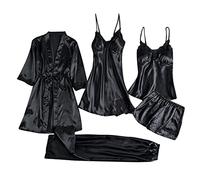 Women's 5-Piece Satin Pyjama Set for Women, Sexy Robe, Silk Pyjamas, Cami and Shorts Set, Lingerie Set, Pyjama Set, Lace Negligee for All Seasons, 5 Pieces, Women's Sleepwear with Chest Padding,