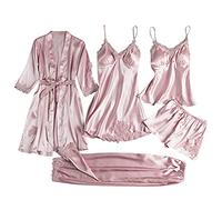 Women's 5-Piece Satin Pyjama Set for Women, Sexy Robe, Silk Pyjamas, Cami and Shorts Set, Lingerie Set, Pyjama Set, Lace Negligee for All Seasons, 5 Pieces, Women's Sleepwear with Chest Padding, pink,