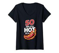 Womens 50. Birthday 50 Years and Still hot as a Chili V-Neck T-Shirt