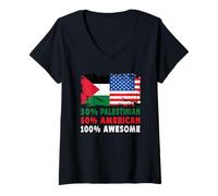 Women's 50% Half Palestinian American 100% Awesome Palestine Flag V-Neck T-Shirt