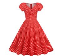 Women's 50s 60s Retro V Neck Polka Dot Knee Length A Line Rockabilly Dress Puff Sleeve Vintage Pleated Swing Party Dresses Ladies Dresses UK Clearance Mum Gifts,Red,L,UK260A