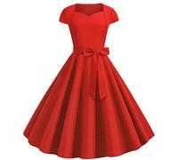 Women's 50s 60s Retro V Neck Solid Colour A Line Rockabilly Dress Cap Sleeve Vintage Swing Prom Party Dresses Formal Wedding Guest Dresses for Women Gifts for Women,Red,XL,UK181A