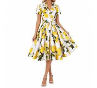 Womens 50s Vintage Tea Dress Short Sleeve Collared Button Through Swing Dress A-Line Belted Garden Party Wedding Guest Dress (Yellow,XL)