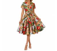 Womens 50s Vintage Tea Dress Short Sleeve Collared Button Through Swing Dress A-Line Belted Garden Party Wedding Guest Dress (Red,XXL)