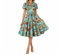 Womens 50s Vintage Tea Dress Short Sleeve Collared Button Through Swing Dress A-Line Belted Garden Party Wedding Guest Dress (Green,M)