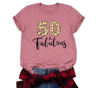Women's 50th Birthday T-Shirt 50 and Fabulous Leopard Print Graphic Tee Fun Milestone Gift Short Sleeve Top