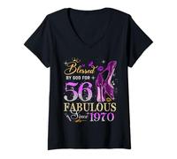 Women's 56th Birthday Queen Blessed by God 56 Fabulous Since 1970 V-Neck T-Shirt